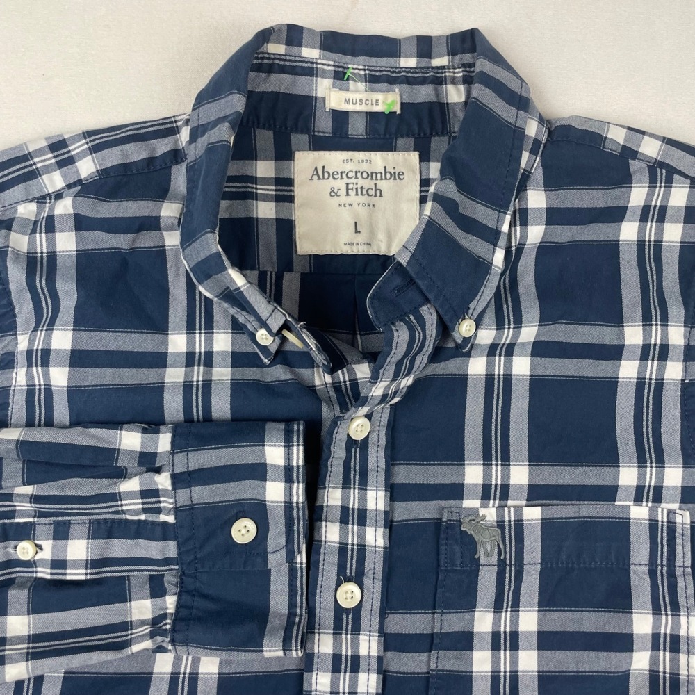 Abercrombie & Fitch Mens Muscle Fit Plaid Button Down Shirt Navy Blue White L